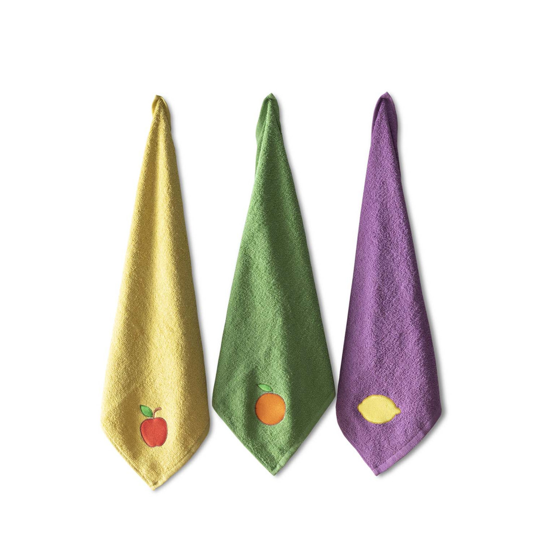 PAÑOS COCINA MILCOLORS BORDADO COLORES: VERDE-AMARILLO-MORADO Pack 3 ud